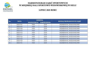 Zdjęcie do Zapraszamy do zapoznania się z harmonogramem zajęć  w Miejskiej Hali Sportowo-Widowiskowej w Helu.