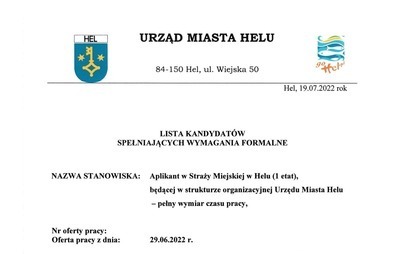Zdjęcie do Lista kandydat&oacute;w spełniających wymagania formalne  - Aplikant w Straży Miejskiej w Helu