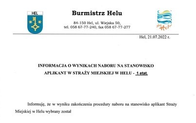 Zdjęcie do INFORMACJA O WYNIKACH NABORU NA STANOWISKO APLIKANT W STRAŻY MIEJSKIEJ W HELU - 1 ETAT