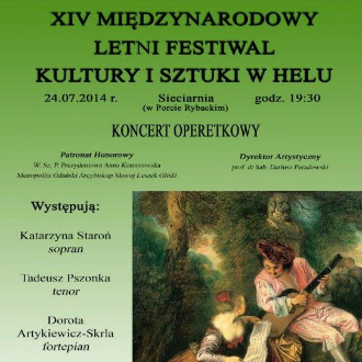Obraz przedstawia plakat XIV Międzynarodowy Letni Festiwal Kultury i Sztuki w Helu - Koncert Operetkowy