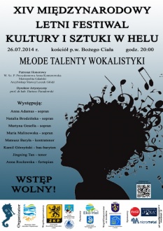 Obraz przedstawia plakat Młode Talenty Wokalistyki XIV Międzynarodowy Letni Festiwal Kultury i Sztuki w Helu