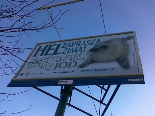 Obraz przedstawia bilbord kampani "Hel zaprasza zimą"