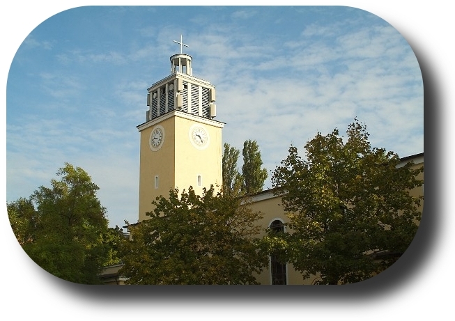 Obraz przedstawia wieżę Kościoła w Helu