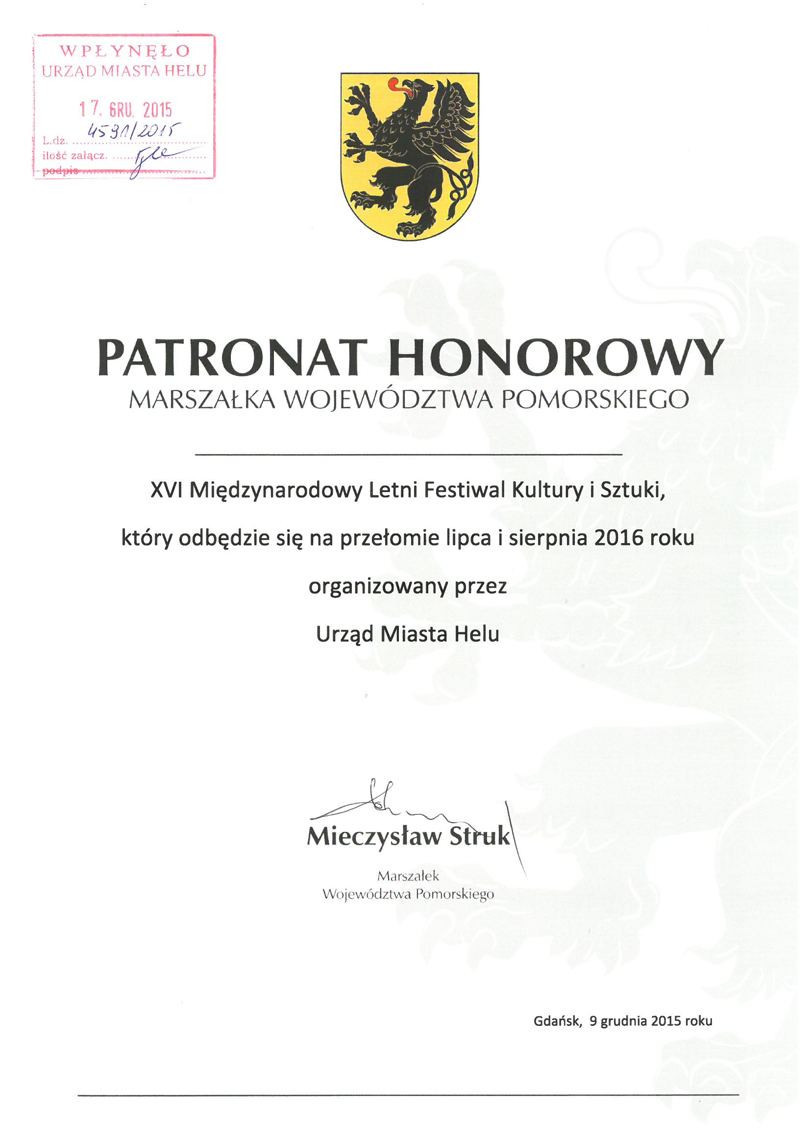 Obraz przedstawia pismo w sprawie objęcia patronatu honorowego Marszałka Województwa Pomorskiego