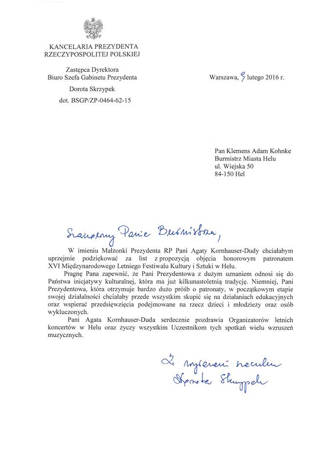 Obraz przedstawia pismo Kancelari Prezydenta Rzeczypospolitej Polskiej do Burmistrza